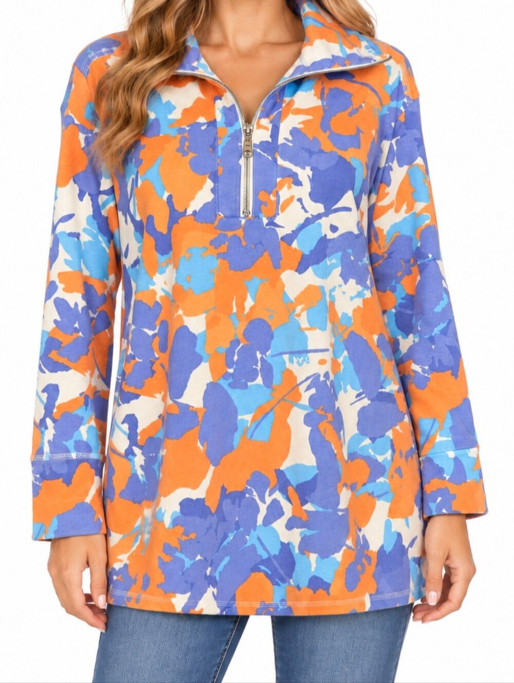Ruby Rs Abstract Print Quarter-Zip Pullover Jacket - Peach, Lavender, & Blue NWT